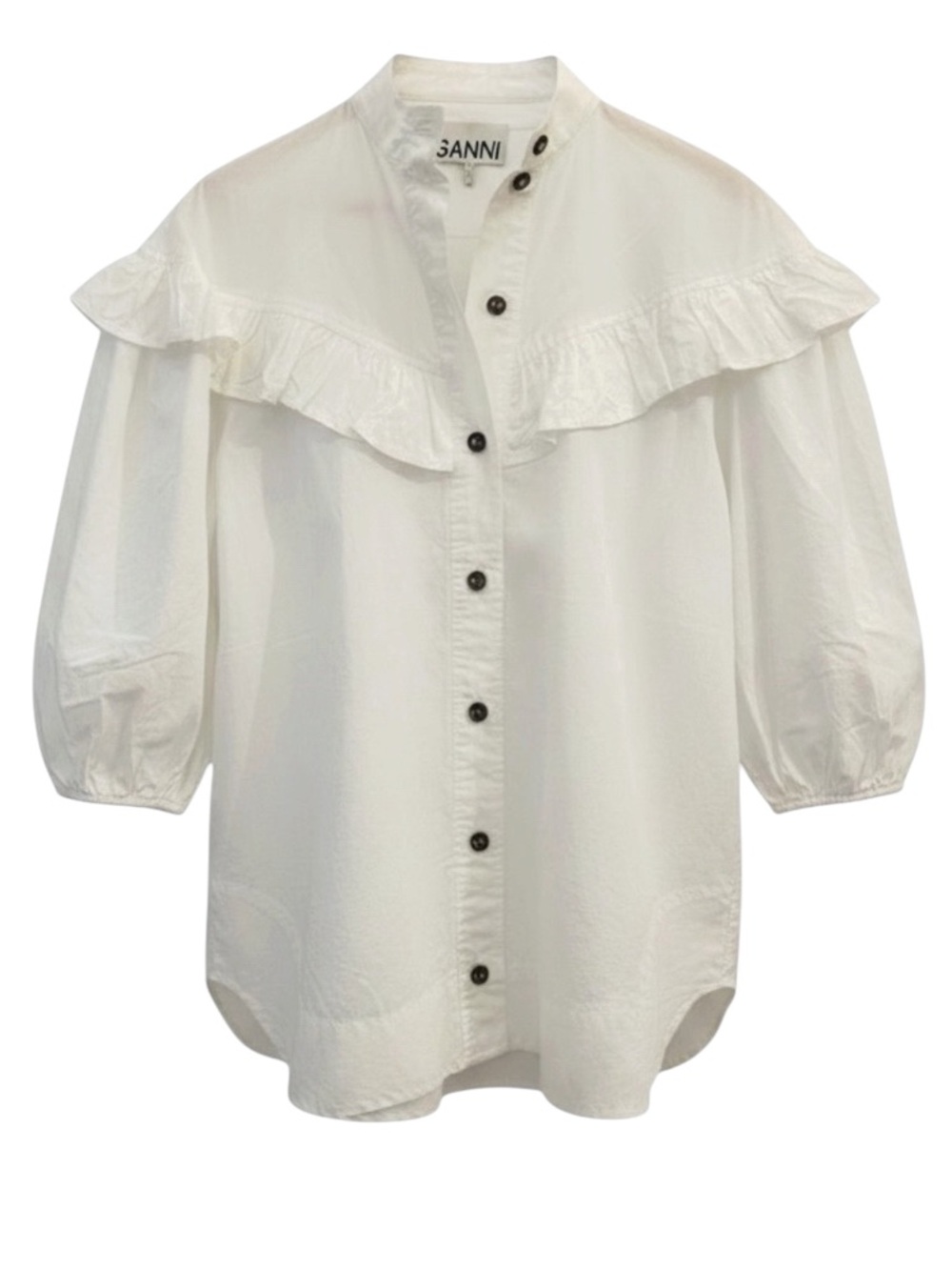 Ganni Organic Cotton Poplin Ruffle Trim Elbow Puff Sleeve Button-Up Top, Size 34